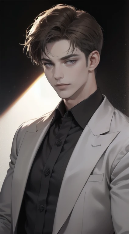 masterpiece, best quality, realistic, 1man, mature male, quiet and charming young man, 35 years old, close his eyes, serious look, extremely detailed face, smirk, ((dark grey eyes)), ((short-right-swept dark brown hair)), [thick eyebrows], detective, Black background, ((suit)), cinematic lighting