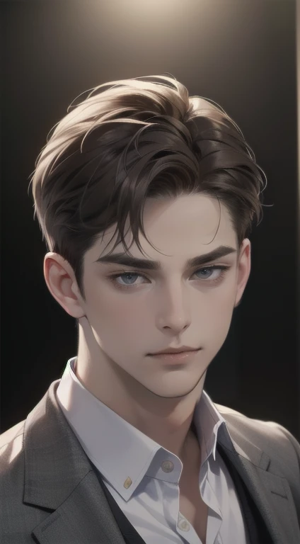 masterpiece, best quality, realistic, 1man, mature male, quiet and charming young man, 35 years old, close his eyes, serious look, extremely detailed face, smirk, ((dark grey eyes)), ((short-right-swept dark brown hair)), [thick eyebrows], detective, Black background, ((suit)), cinematic lighting