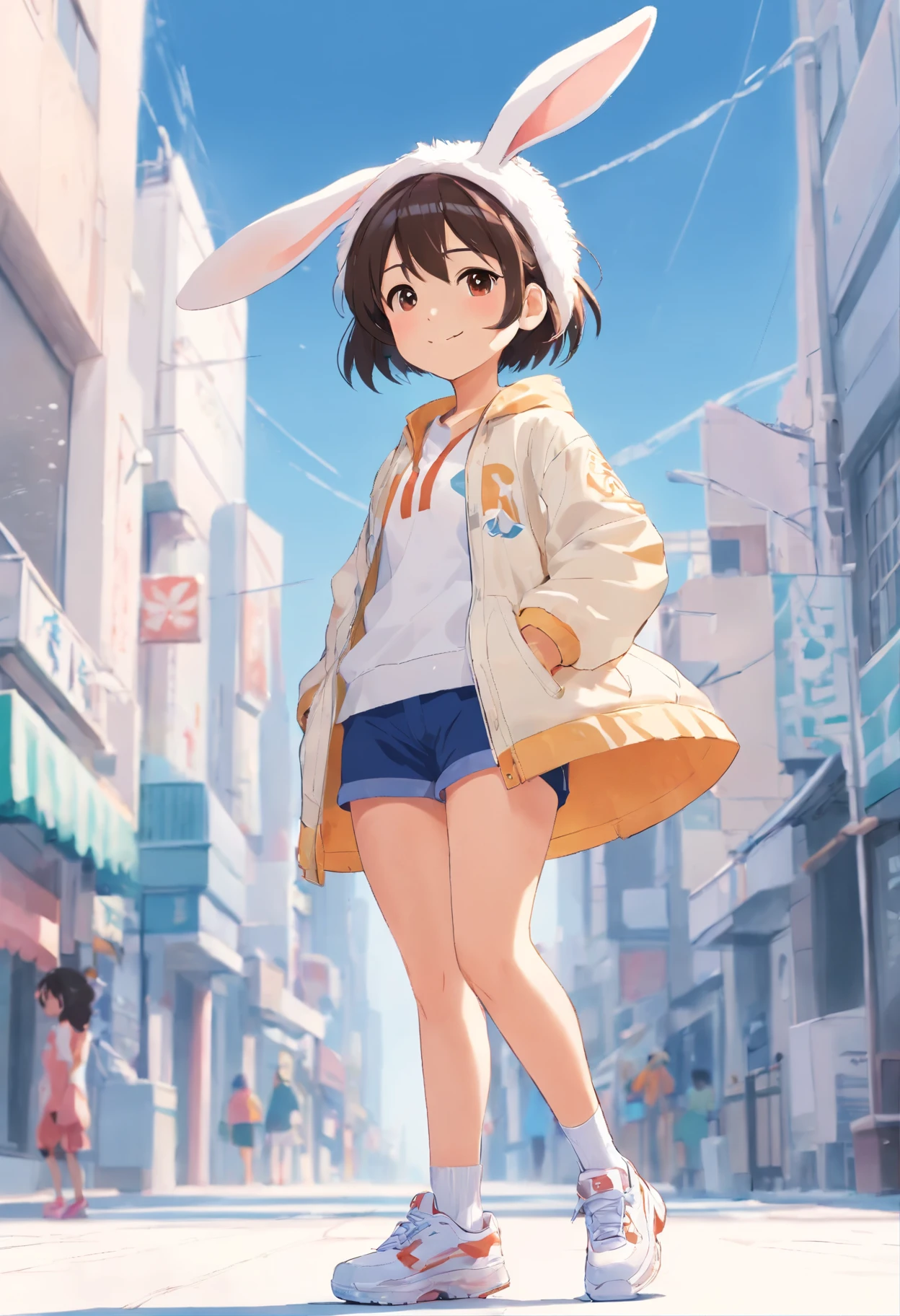 White Gradient Background, (Panorama: 1.2, Full Body: 1.2), 1 girl, Anatomically correct, Rabbit shaped headwear, short hair, smile, Rabbit patterned clothes, white shoes, perfect proportions, extremely detailed face