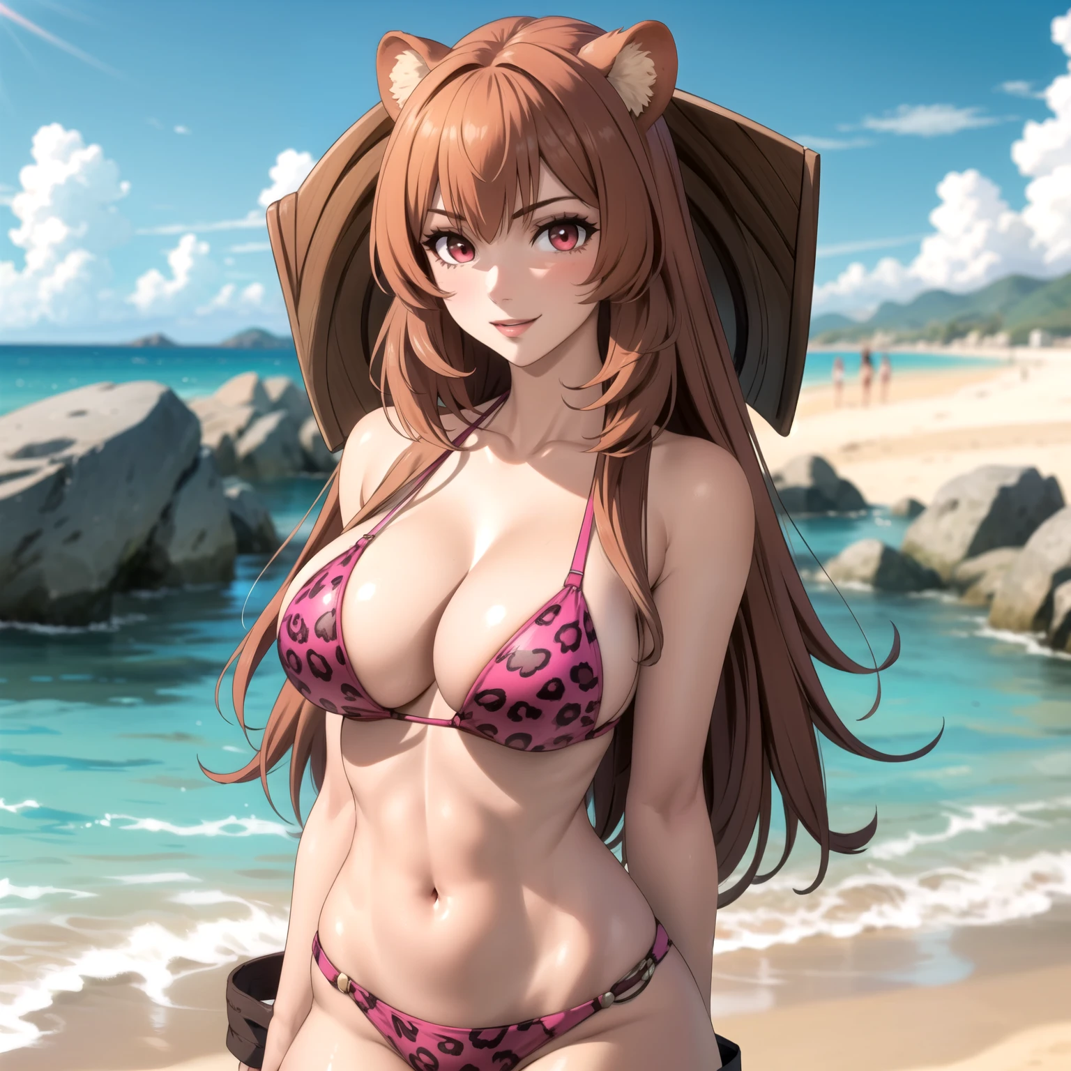Raphtalia woman 27 años, cabello rubio brillante con reflejos, sonrisa feliz, rubor en mejillas, , orejas de oso,, detailed ruby red eyes, pechos grandes, piel clara detallada, pink jaguar design bikini, esta de pie, frente al espectador, cuerpo completo, accesorios, playa de arena blanca. sunny day. cabello flotante, luz perfecta, colores vibrantes.