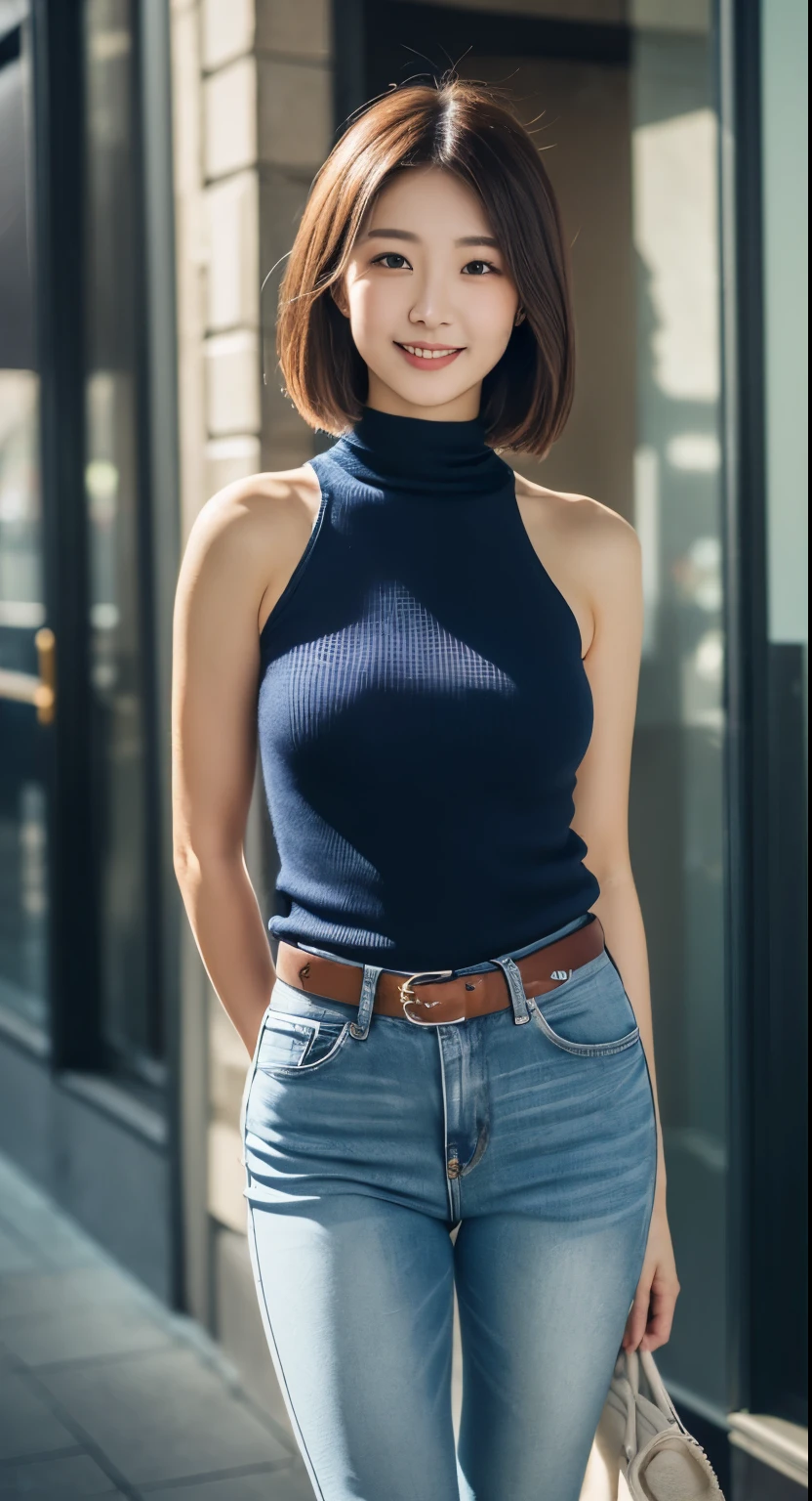 1 very beautiful woman, 25-years old, Solo, Best Quality, Photorealistic, tmasterpiece, 8K High Resolution, hight resolution, extra detailed face, (Professional Lighting,Bokeh),(light particules,Lens Flare Glow,Luminescent particles:0.6),gentlesoftlighting,Trendy atmosphere,jpn,the street,Stylish short hair,Bobo head, brown haired, hair is delicate and soft,Fluttering, cparted lips, lipsticks, Seductive smile, ssmile, bocchi, tooth, Swan neck,Shave your shoulders, Bigchest,(Golden ratio figures),Wear a blue skinny sweater, (Wash Blue)(Skin Tight Jeans),(detailed costume:1.5), double eyelid,long eyelasher, birthmark, (Mole under the eyes: 1), calves are well-proportioned, slenderness:1.2,A pair of jade legs are white and shiny,without wearing shoes:1.5,( Coquettish sex,Coquettish and beautiful poses,Postures are diverse),Female-centered focus photography,The waist is the focus,close focus,full body photographed:1.8,fully body photo:1.8