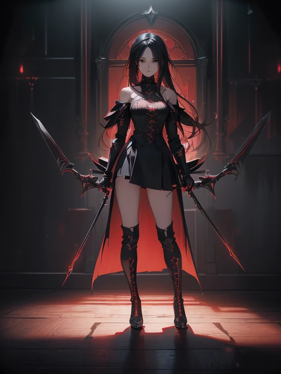 Design a layout showcase Gaming character, (1girl). Red+Black clothes, dark and gothic, ((showcase weapon:1.4)), scythe, (masterpiece:1.2), (best quality), 4k, ultra-detailed, (Step by step design, layout art:1.5), (shadowy lighting, eerie atmosphere), reaper, ((long gloves)), (((revealing outfit:1.3))), shoulder armor, thigh-high boots, (((full_body_shot:1.4)))
