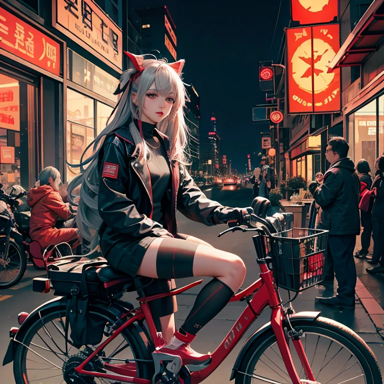 Official Art, unity 8k wallpaper, Super detailed, beautifully、aesthetic, masterpiece, highest quality, Realistic, horn, blush, Long Hair, Gray Hair, Striped Hair, Red eyes, Hair Ribbon, Mole under the eye,  Red Akira Bike, ride a bicycle, night, Cyberpunk City View, Magnificent screen, ,