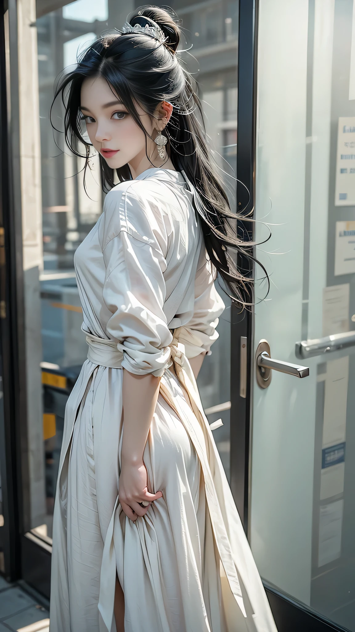 1 female, Black Hair, Blue Eyes, Delicate face, cute, Love Earrings, White Dress, Standing at the entrance to the police station, Playful, Ultra HD, masterpiece, highest quality, Super detailed, Accurate