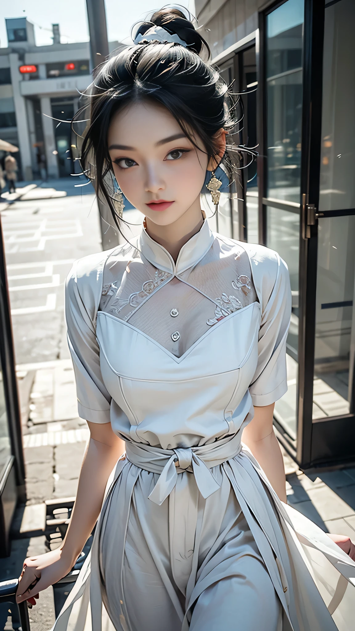 1 female, Black Hair, Blue Eyes, Delicate face, cute, Love Earrings, White Dress, Standing at the entrance to the police station, Playful, Ultra HD, masterpiece, highest quality, Super detailed, Accurate