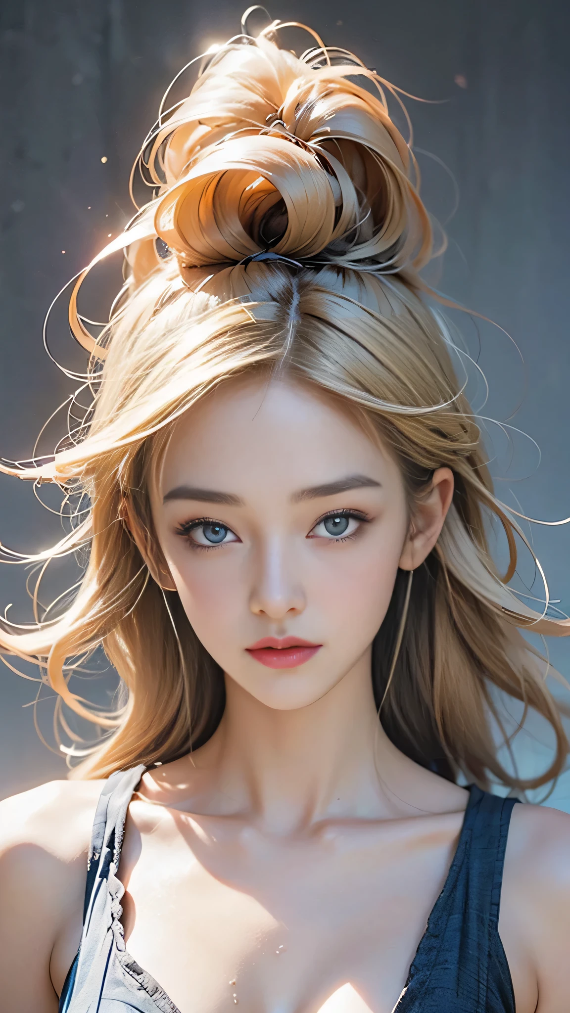 Beautiful supermodel woman with blonde hair, Hair with subtle highlights, Blue-gray eyes, Mixed Media, Wet paint, Jewel Beetle, Colored Background, The color of the liquid flowing on her face, photograph:Jinnah Chan. - At six o'clock
