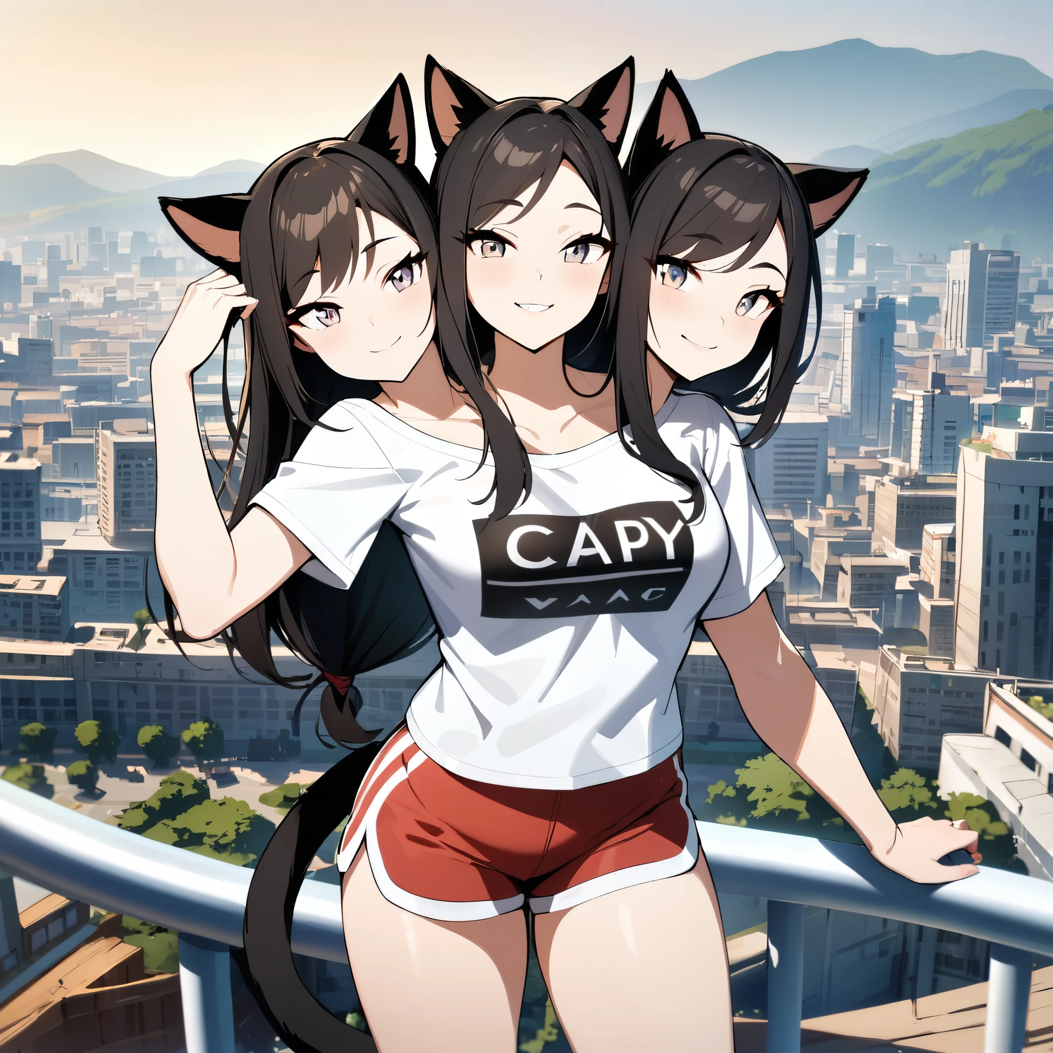 masterpiece, best quality, absurdres, three heads, conjoined, 1girl, cat ears, shirt, shorts, city background, smile