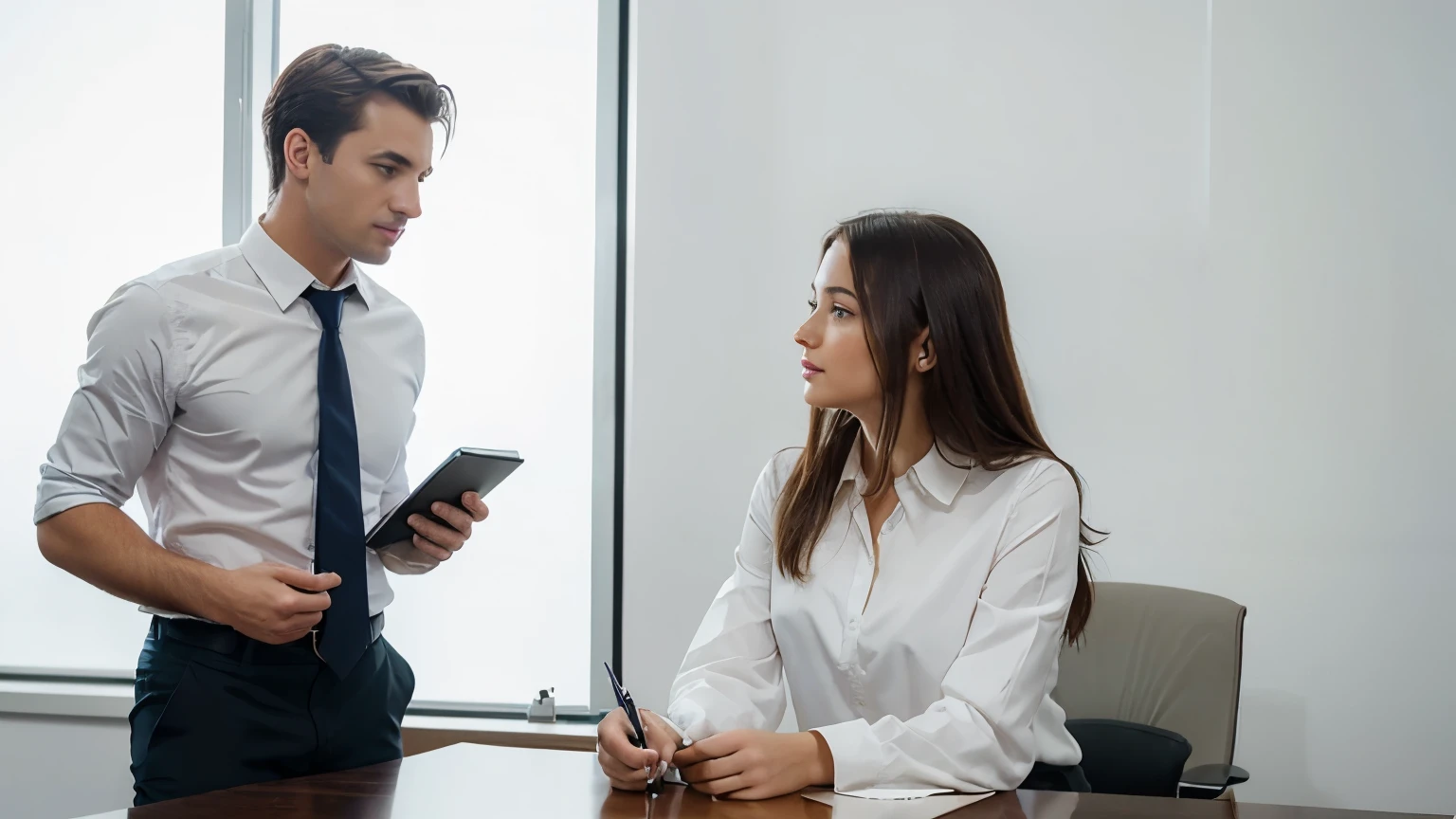 portrait of a beautiful young woman having a meeting with a handsome male colleague at an office desk isolated on a white background