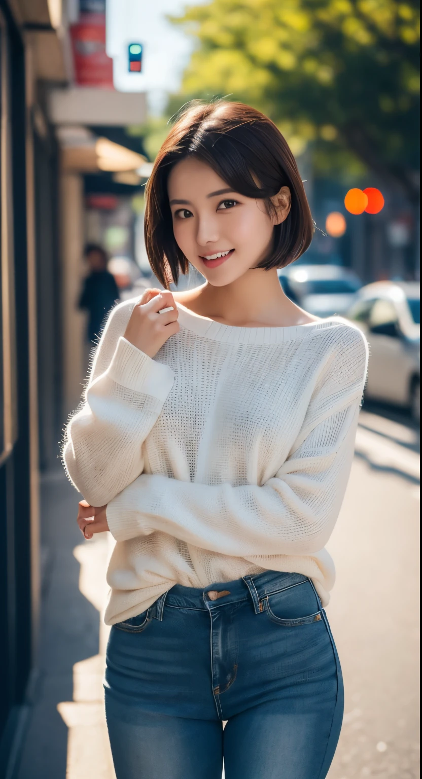1 very beautiful woman, 25-years old, Solo, Best Quality, Photorealistic, tmasterpiece, 8K High Resolution, hight resolution, extra detailed face, (Professional Lighting,Bokeh),(light particules,Lens Flare Glow,Luminescent particles:0.6),gentlesoftlighting,Trendy atmosphere,jpn,the street,Stylish short hair,Bobo head, brown haired, hair is delicate and soft,Fluttering, cparted lips, lipsticks, Seductive smile, ssmile, bocchi, tooth, Swan neck,Shave your shoulders, Bigchest,(Golden ratio figures),Wear a blue skinny sweater, (Wash Blue)(Skin Tight Jeans),(detailed costume:1.5), double eyelid,long eyelasher, birthmark, (Mole under the eyes: 1), calves are well-proportioned, slenderness:1.2,A pair of jade legs are white and shiny,without wearing shoes:1.5,( Coquettish sex,Coquettish and beautiful poses,Postures are diverse),Female-centered focus photography,The waist is the focus,close focus,full body photographed:1.8,fully body photo:1.8