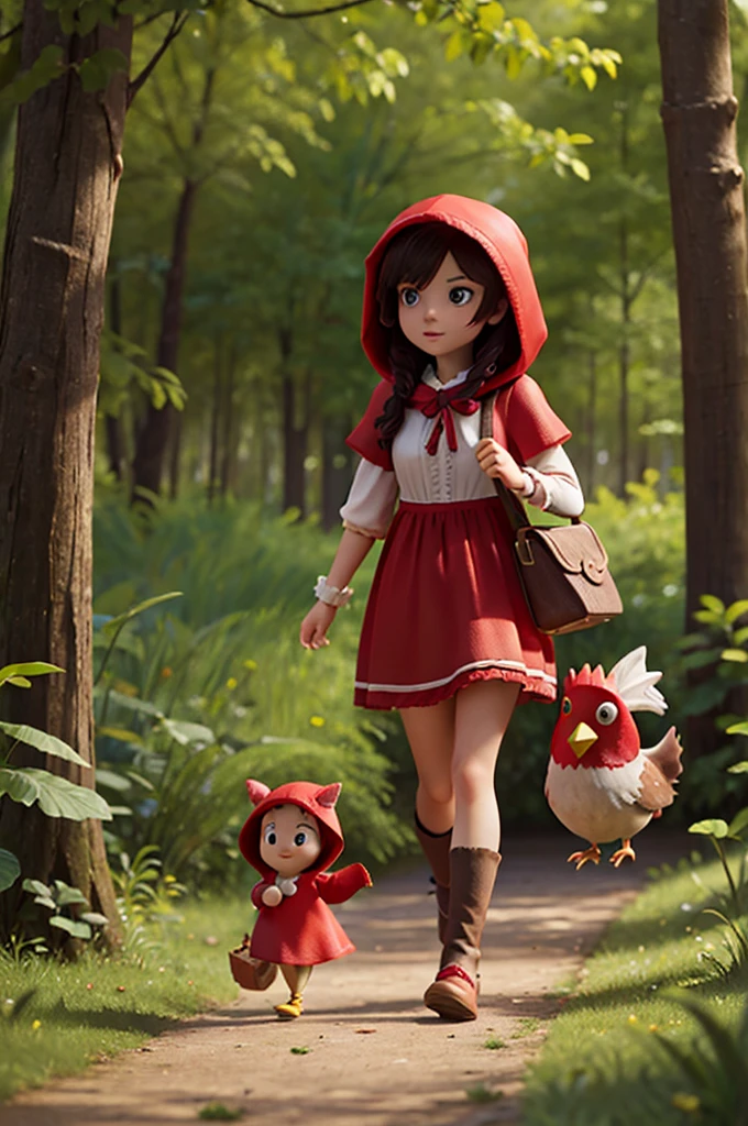 Little Red Riding Hood and the chicken go for a walk in the forest