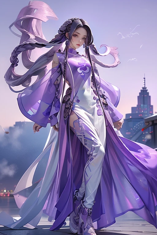 highest quality, Very detailed, masterpiece,Face to face,Two women in contrasting colors,(((Perfect female body))),Very beautiful face, Very beautiful body,Gentle expression,Very beautiful eyes,(Perfect Makeup:1.1),Pop Art,Fashion Model,Cyberpunk Fashion,Curly Hair,Shaggy Hair, (Drifting in the Wind,Very long white and purple gradient braids: 1.5),Pink and blue gradient:1.3, very thin body,Smart Abs,(Monogram pattern:1.3),Tech seamless pilot suit,Oversized hoodie,anklet,Tech High Top Sneakers,A kind smile,Full body portrait,(Night in Cyber City), (Shiny skin),(Earrings),Long lace with elegant pattern,(((Pink and purple gradient long shawl))),