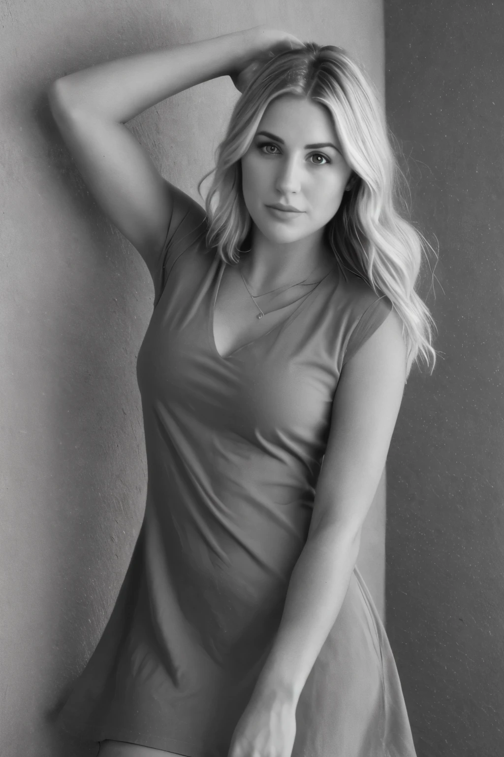 25 year old girl, (Kaley Cuoco:0.8),  (Camilla Belle:0.9), (eugenie bouchard), black and white photography, hard contrast, hard shadows,smirk, cute makeup, shirt dress, arm raised