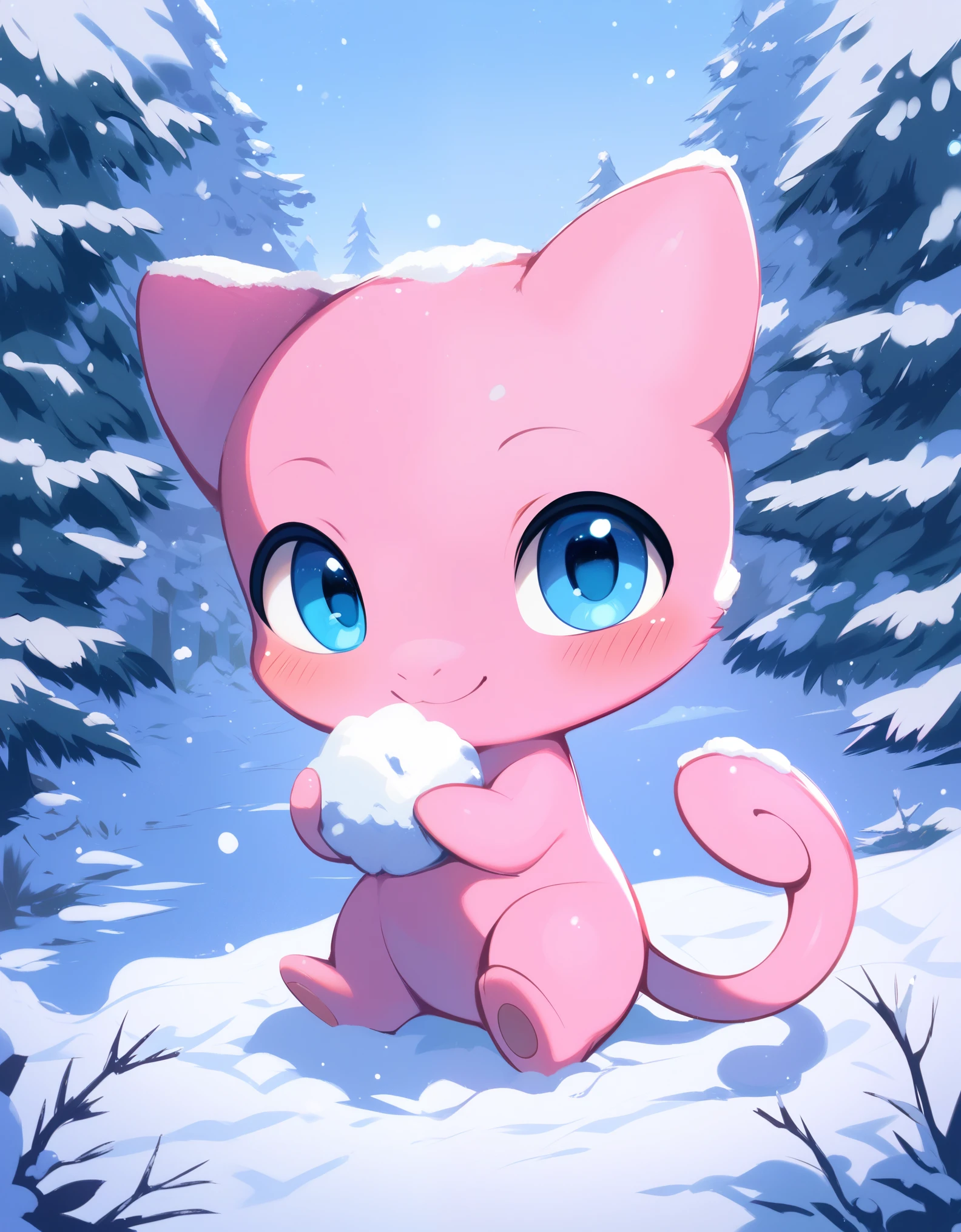 score_9, score_8_up, score_7_up, mew pokemon, cute, smile, forest,, best quality, hi res, masterpiece, absurd res, highly detailed, impasto, digital media \(artwork\), (simple background), winter, snow, forest BREAK, solo, chibi, nude, full body, blue eyes, pink fur, pokemon \(species\), glistening body, looking at viewer, blush,