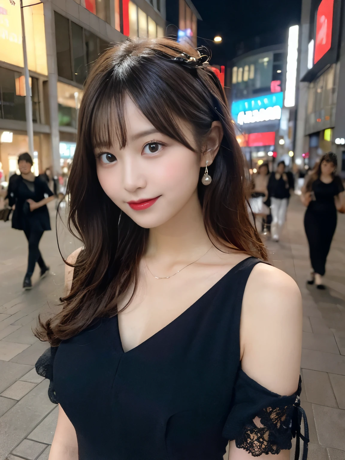 Tabletop, highest quality, figure, Super detailed, In detail, High resolution, 8k wallpaper, Perfect dynamic composition, Beautiful fine details, She is wearing a black dress,Medium Hair,Natural color lip, Bold pose,smile,Harajuku、20-year-old girl、cute、sexyt looking at camera、C Cup、Brown Hair、caste-like face、Blurred night doown background