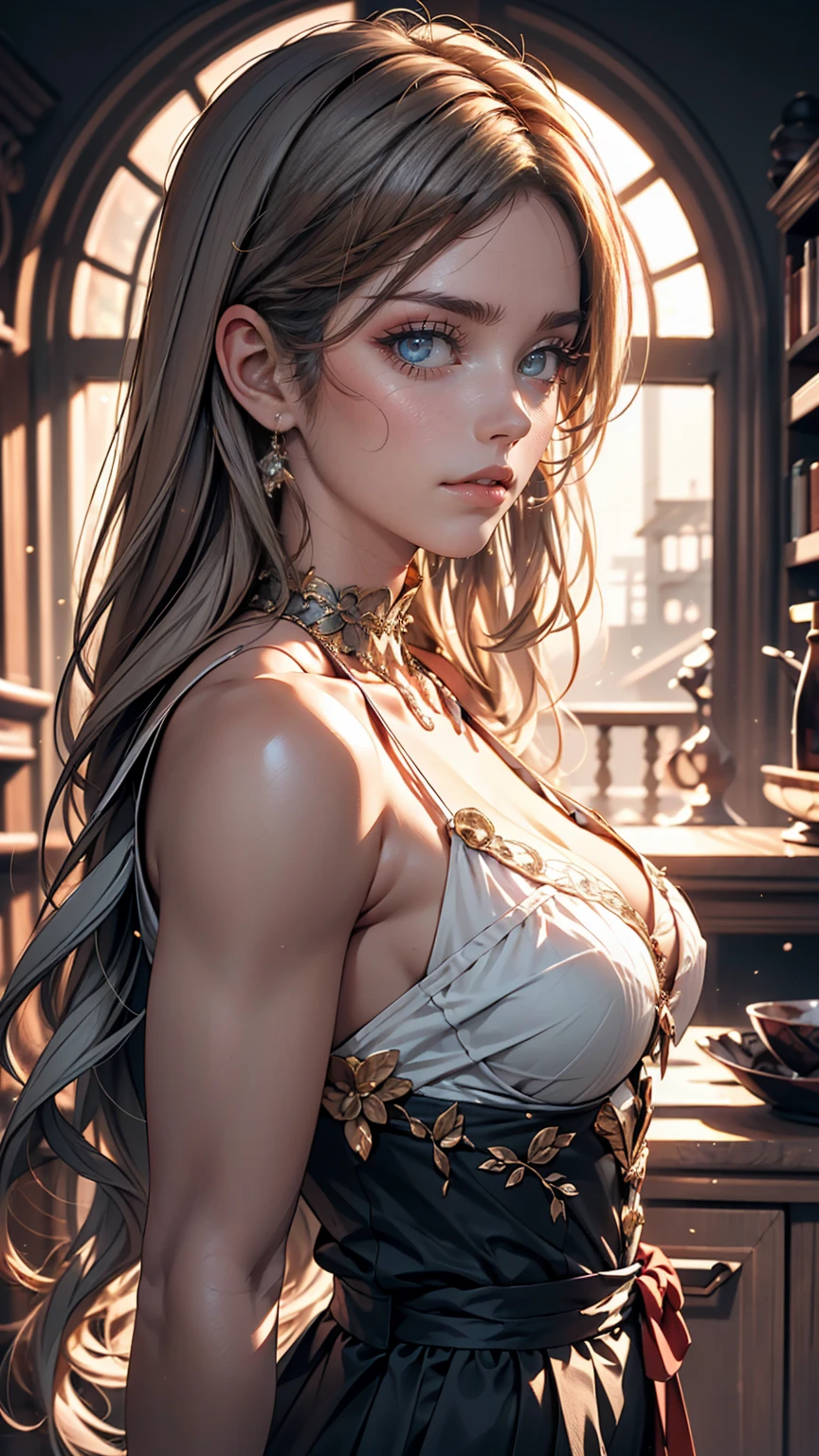 highly detailed, 8k, masterpiece, One girl, Grey Two Tone_hair, dress , , (perfection_face), Brilliant, complicated, Dramatic lighting, 4K, detailed_background, Caustics, Portraiture, , from_~ side