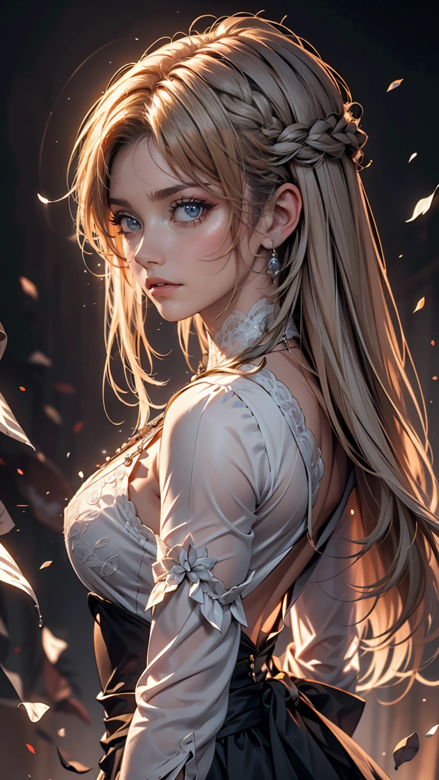 highly detailed, 8k, masterpiece, One girl, Grey Two Tone_hair, dress , , (perfection_face), Brilliant, complicated, Dramatic lighting, 4K, detailed_background, Caustics, Portraiture, , from_~ side