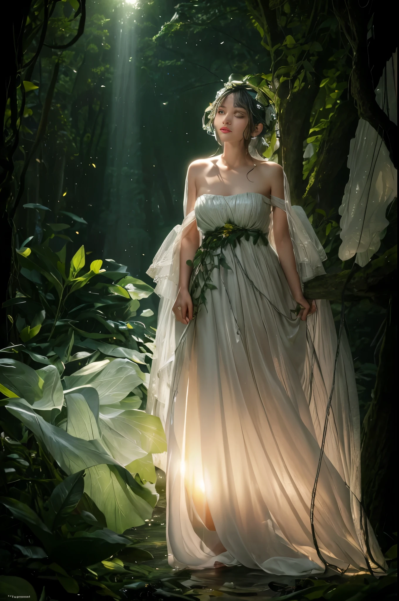 Best of Natural Beauty, Wilderness masterpiece, Ultra-high resolution, like the smallest dew on the leaves, (Photorealistic: 1.4), Snapshot of the pristine night sky, Ebony locks, resembling crow's wings, skin as shiny as fresh morning dew, 1 Enchanted nymph, (Superbly realistic features)), The form of full bloom, Universal Radiance, Harmony of light and shadow, Canopy rendering, 8K, Super sharp like a rose thorn, Manifested bosom like a blooming flower, Untreated earthy texture, Organic elements, Elaborate leaf pattern, Nature's intricate design, Sunlight painted by the hand of Mother Nature, Trends in natural art, gazing off into the horizon, bioluminescent details, Organic limbs that blend seamlessly with the forest, River of Life through the vines, The backbone of nature connected to ancient trees, lush attachment of the cervical to the trunk,, Vines and roots intertwined with the spirit, Small firefly lanterns illuminating the way, Silver thread in moonlight, Eyes as round and deep as a forest pool, Magnificent iris resembling a kaleidoscope of colors, Happy smiles illuminating the forest, Summer outfit woven from petals, Wizard of the Forest, The tree々A dynamic presence like the wind that passes between.