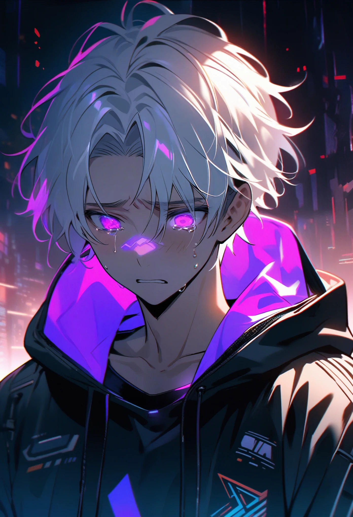 Male:1, wearing techwear hoodie:1, purple glowing eyes:1, sad:1, crying1, white hair:1, Genos style:1, Cyberworld:1,