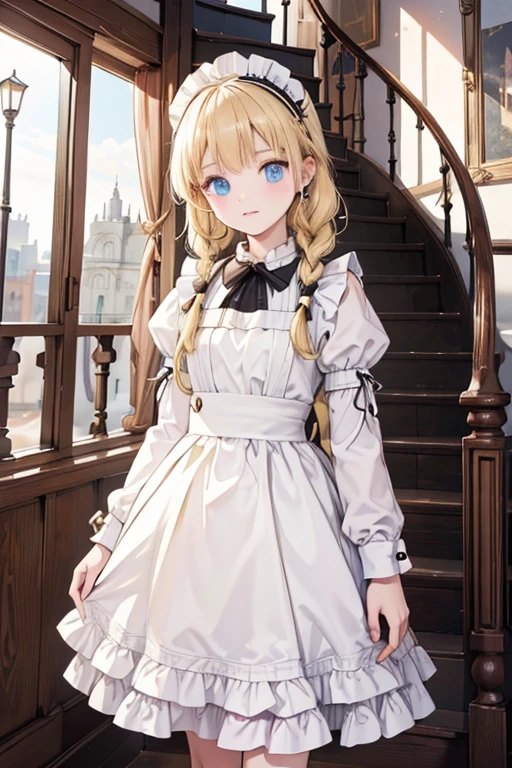 (8k, highest quality, Tabletop:1.2)、Ultra-high resolution、14-year-old girl, Perfect Fingers, Detailed face, blue eyes, blonde, Braiding、Black maid outfit, Western-style building、Entrance、Stairs 、Handrail polishing