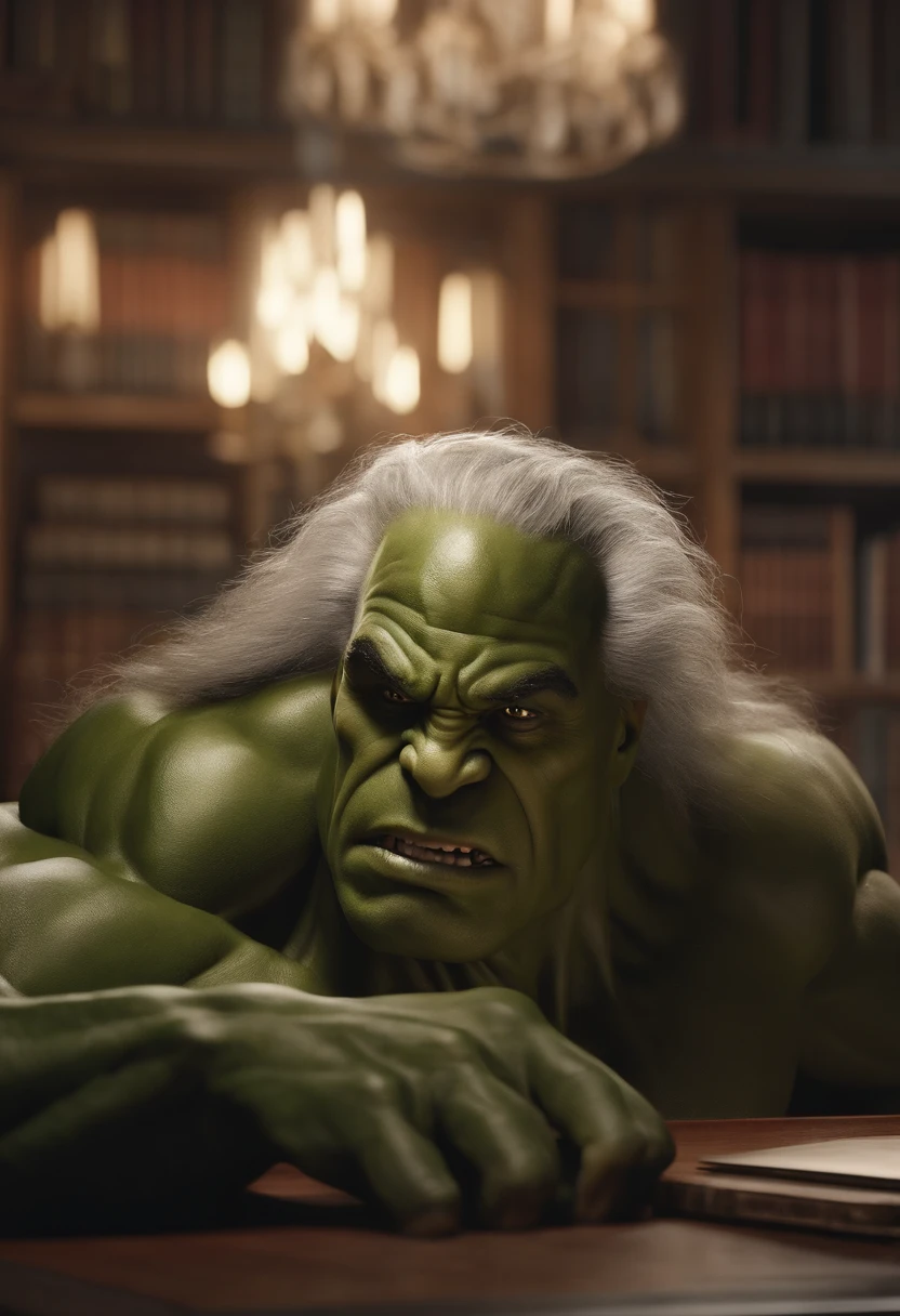Like Hulk studying in a library,8K visual details are brought to the extreme,Delicate HD,Good facial expressions,The details of the eyes are realistic and pious,Suit with meticulous details,A unique blend of Marvel and DC styles,Ultra-realistic visuals,Dynamic composition,Amazing details,The image is clear and sharp,The details are delicate and delicate,Night light creates perfectionism,Award-winning realism style,Moody Light Effects。