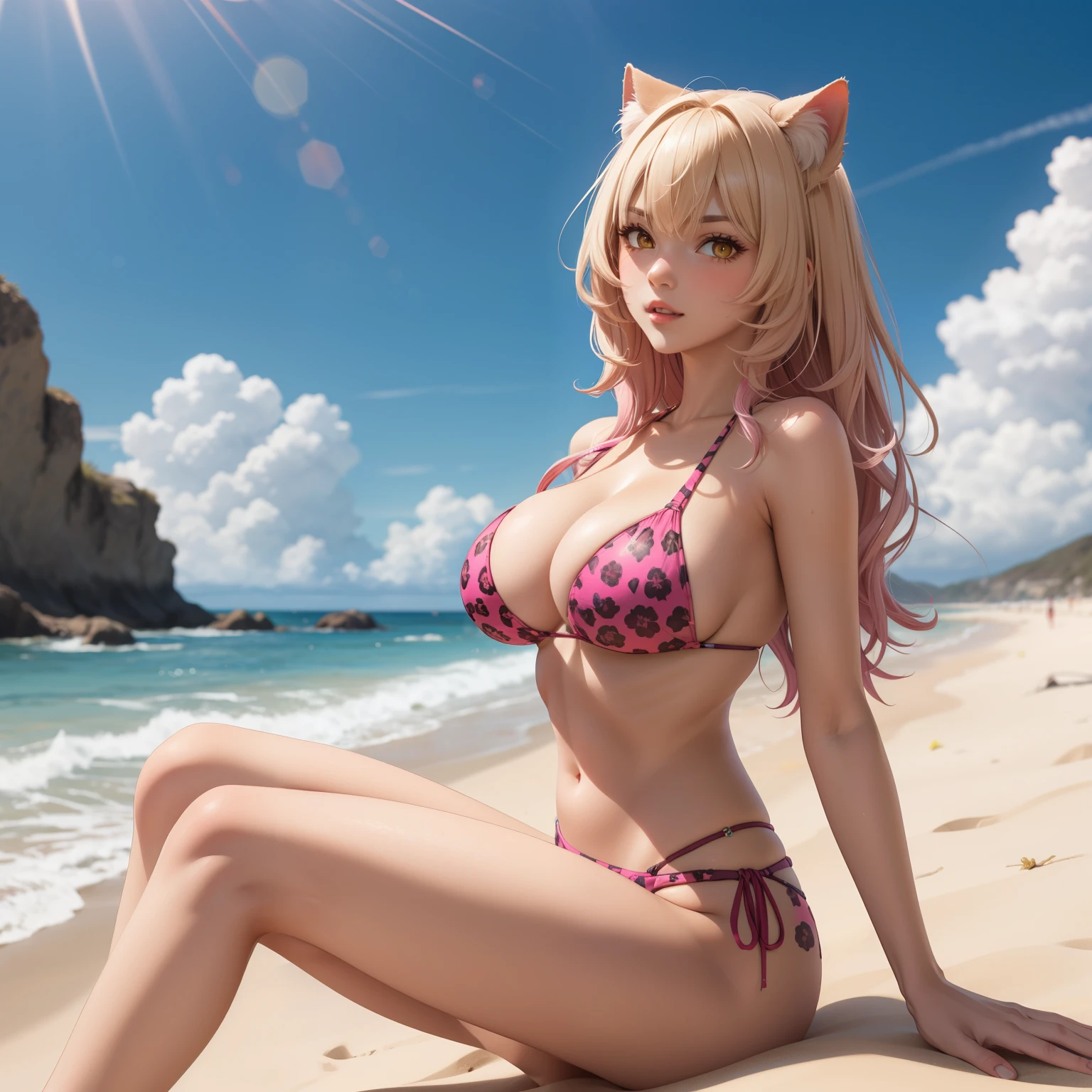 One lady、nudde、fullnude、Pink 、Female genitals、tiny chest、Pink hair、length hair、Cat's ears、kawaii、Resorts、Blue Sea、White sandy beach、shores、A smile、、Sexual organics、an legs、opens legs、kawaii、skinny  body、A slender、being thin、hi-school girl、stroll、Opening legs、Shaved、No pubic hair、M-shaped legs、Sitting