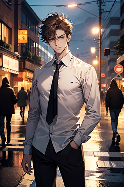 (tmasterpiece, high resolution, ultra - detailed:1.0), (1male, masculine face), Perfect male body, tall and strong, Adult male, Delicate eyes and delicate face, Extremely detailed CG, Unity 8k wallpaper, Complicated details, Detailed face, (brown hair, messy hair, serious faces, white shirts,Bad students), (frown,evil smile:1.3), Outdoor, (Street at night), street style, color difference, Depth of field, dramatic shadow, Ray tracing, Best quality, Cinematic lighting, offcial art,Portrait
