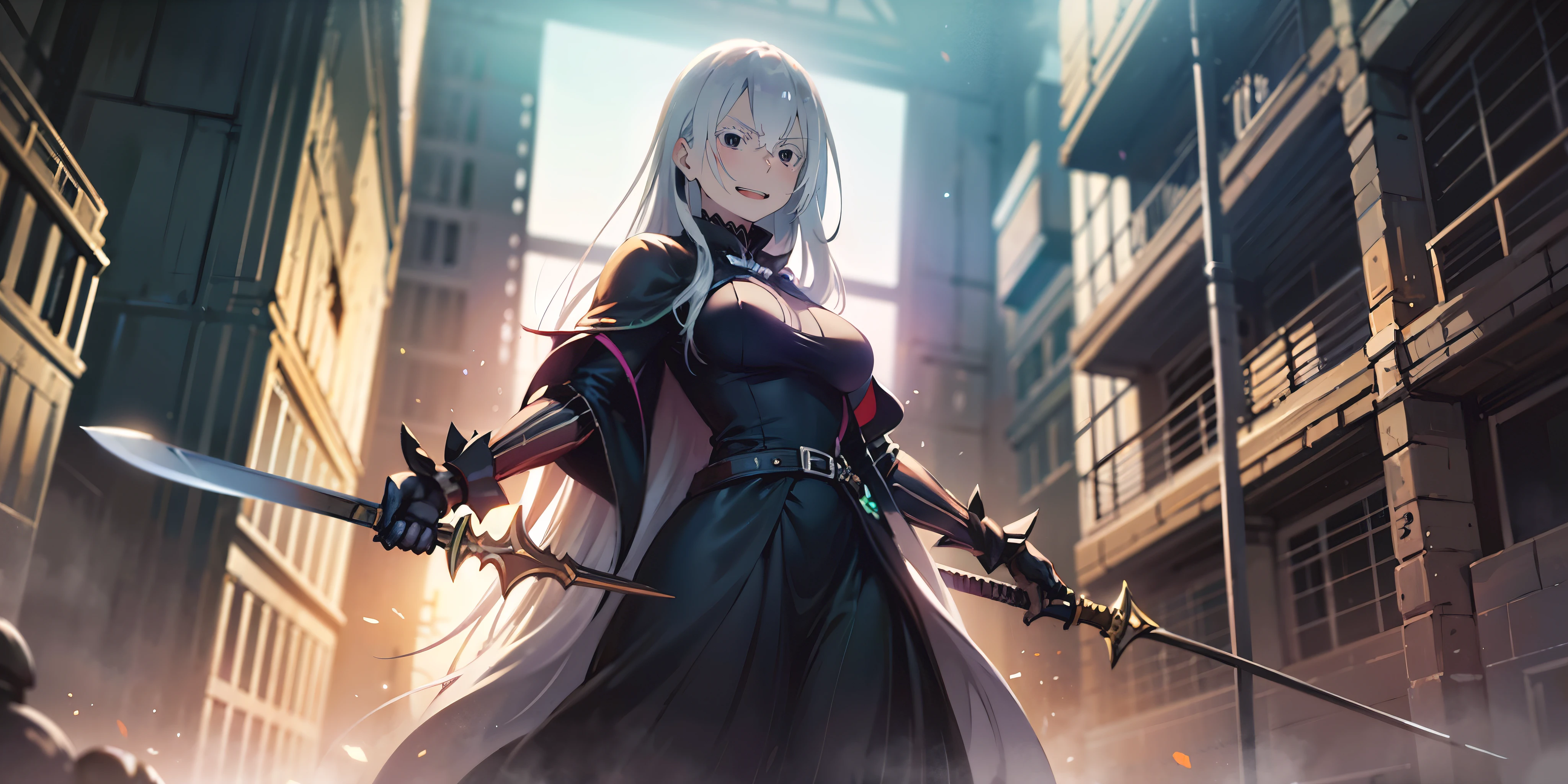 (long hair, silver hair:1.3), purple eyes, hair ornament, pale skin, anatomically correct, heavy breathing, huge breasts, holding_weapon, sword, breasts, skirt, gloves, closed_mouth, holding_sword, black_gloves, standing, from_below, bangs, coat, medium_breasts, black_legwear, dress, belt, looking_at_viewer, "glow effects, godrays, Hand drawn, render, 8k, octane render, cinema 4d, blender, dark, atmospheric 4k ultra detailed, cinematic, Sharp focus, big depth of field, Masterpiece, colors, 3d octane render, 4k, concept art, trending on artstation, hyperrealistic, Vivid colors, extremely detailed CG unity 8k wallpaper, trending on CGSociety, Intricate, High Detail, dramatic", (shaded face:1.2), hollow eyes, purple eyes, looking at viewer, (heavy breathing:1.2), smirk, upper teeth, glaring eyes,