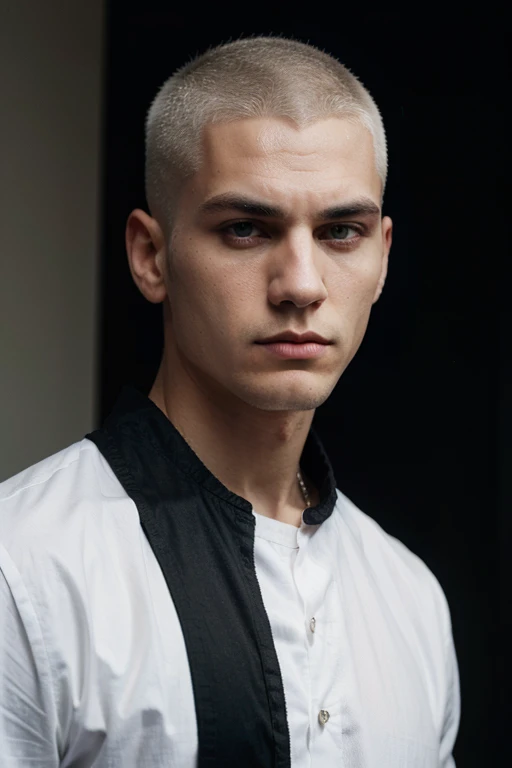 A strong man with white hair buzzcut with a serious face wearing black shirt