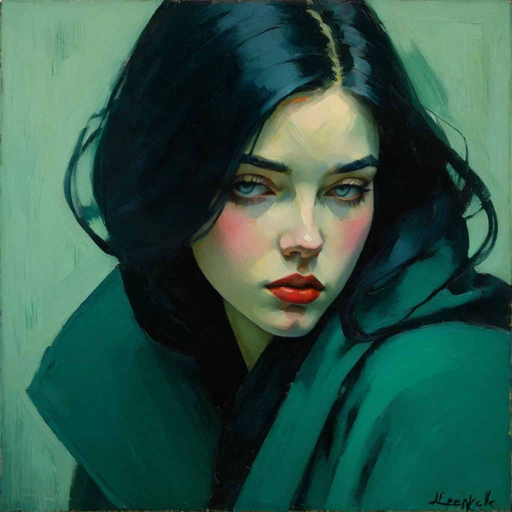 Create an evocative oil painting inspired by Malcolm Liepke, based on the provided image. Capture the intense, introspective expression of the young subject using thick, expressive brushstrokes and a muted color palette. Highlight the emotional depth and vulnerability in the subject's gaze, emphasizing the play of light and shadow on their face. Maintain a simple, textured background that complements the subject's contemplative presence. Focus on the tactile quality of the oil paint to convey the raw emotion and intimacy characteristic of Liepke's style. After applying thick paint, use a dry brush to drag over the surface lightly. This technique can create interesting textures by revealing the underlayers.