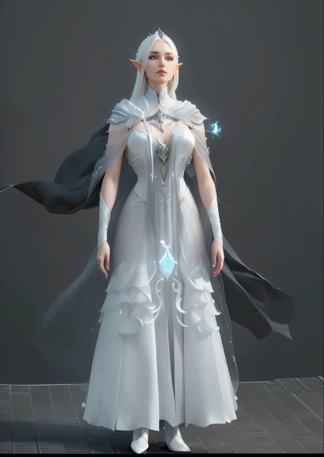 Wearing a white dress、Alafiid woman in cloak and black cape, Beautiful and elegant elf queen, 3D Rendering Character Art 8k, Unreal Engine rendering + goddess, Wearing Ether Armor, Wearing fantasy formal attire, Flowing Magic Robe, Elegant posture, A stunning young ethereal figure, Dreamy dress, Fantasy Costume, Futuristic and ethereal,Fishtail skirt