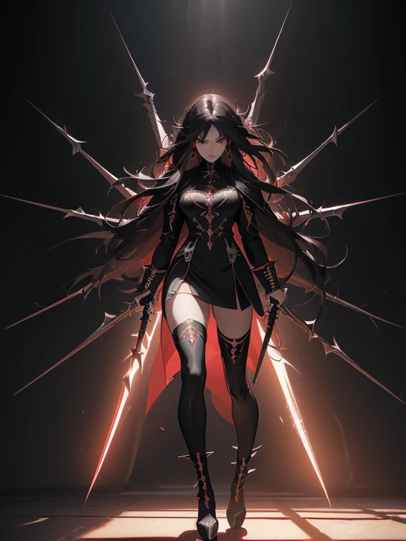 Design a layout showcase Gaming character, (1girl). Black+Red clothes, fierce and bold, ((showcase weapon:1.4)), twin daggers, (masterpiece:1.2), (best quality), 4k, ultra-detailed, (Step by step design, layout art:1.5), (dramatic lighting, intense ambiance), assassin, ((spiked gloves)), (((revealing suit:1.3))), plated skirt, knee-high boots, (((full_body_shot:1.4)))