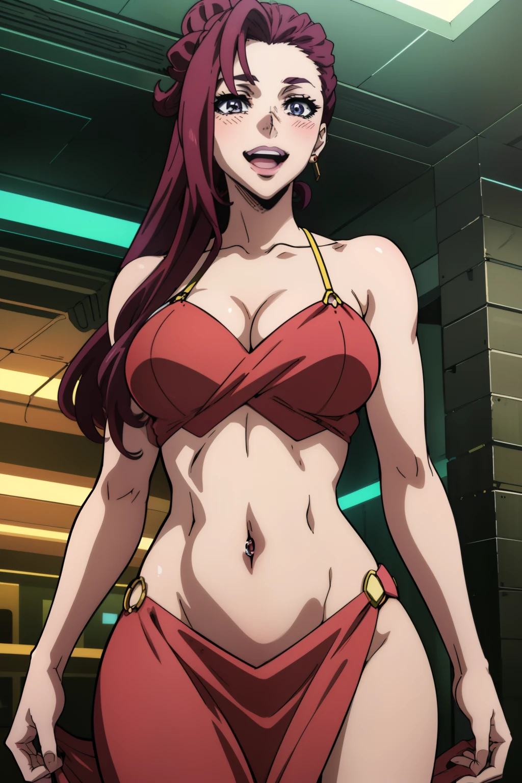 karla_mitchum, anime art, blush, lipstick, masterpiece, best quality, highly detailed, a anime girls in long dress with navel cutout posing for a
picture, evil smile, smile, open mouth, (nsfw) not safe for work, revealing dress, beautiful dress center
opening , long dress with bellybutton showing, ecchi anime style, anime girls, ecchi style, ecchi, digital
anime art!!, in anime style, official artwork, visual novel cg, beautiful anime girl, anime style 4 k, exposed
navel, exposed bellybutton, jewelry, earrings, complex detailed background, casino environment, fancy
interior environment, rich interior,, navel piercing