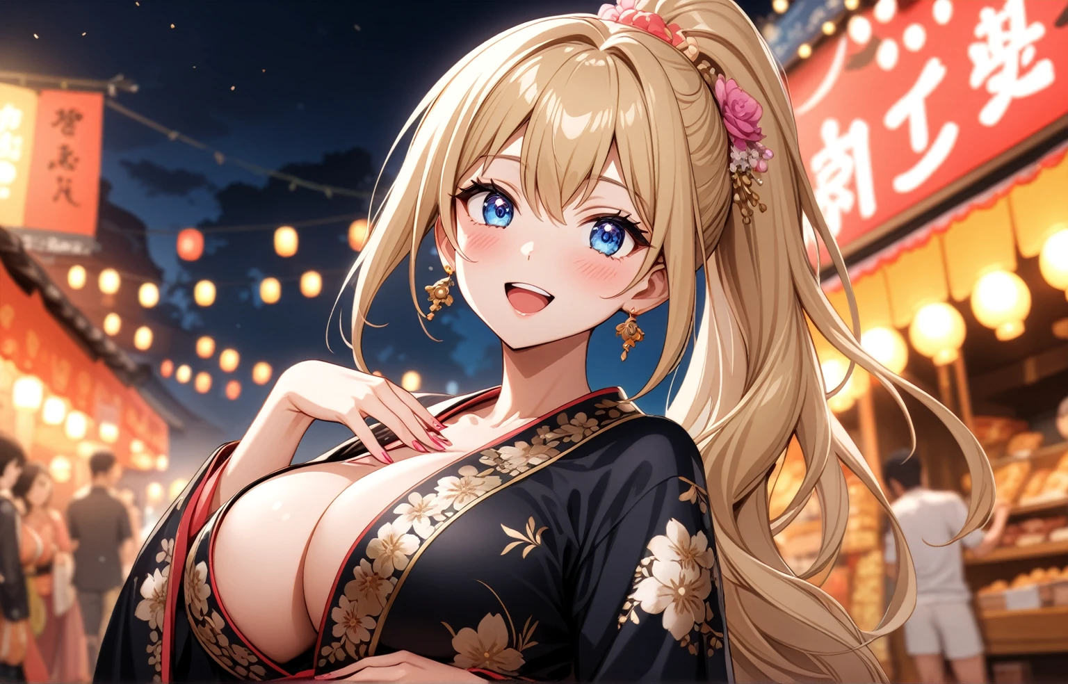 ((One girl)), Beautiful smile,Very happy expression,Open your mouth wide,Glossy Lips,Abstract, night,Festival food stalls, ((Anime style background)),masterpiece, highest quality, so beautiful, Absurd, up to date, Complex details, Pink long nails,AI-generated, Complex,High resolution, highest quality, super high quality,3D Images、View the viewers、3D Images,one person,Long Blonde Hair,High Ponytail,blue eyes,Anime woman posing for a photo, [[Fine grain、Colorful eyes、Shining Eyes:1.15]],(Squint your eyes:1.1),a hyperRealistic , hyperRealistic , Realistic , Blonde anime woman with long hair, Smooth anime CG art, A woman in a colorful kimono with gold embroidery, black floral kimono,Gorgeous kimono,Flower Hair Ornaments,Earrings,(Large Breasts:1.3),Mature Body,tall,Big Ass,Fine details,Abdominal muscles,Tilt your face,Pinch your chest with both hands,Shooting from an angle
