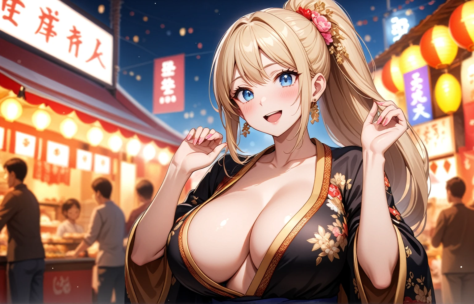 ((One girl)), Beautiful smile,Very happy expression,Open your mouth wide,Glossy Lips,Abstract, night,Festival food stalls, ((Anime style background)),masterpiece, highest quality, so beautiful, Absurd, up to date, Complex details, Pink long nails,AI-generated, Complex,High resolution, highest quality, super high quality,3D Images、View the viewers、3D Images,one person,Long Blonde Hair,High Ponytail,blue eyes,Anime woman posing for a photo, [[Fine grain、Colorful eyes、Shining Eyes:1.15]],(Squint your eyes:1.1),a hyperRealistic , hyperRealistic , Realistic , Blonde anime woman with long hair, Smooth anime CG art, A woman in a colorful kimono with gold embroidery, black floral kimono,Gorgeous kimono,Flower Hair Ornaments,Earrings,(Large Breasts:1.3),Mature Body,tall,Big Ass,Fine details,Abdominal muscles,Tilt your face,Pinch your chest with both hands,Shooting from an angle