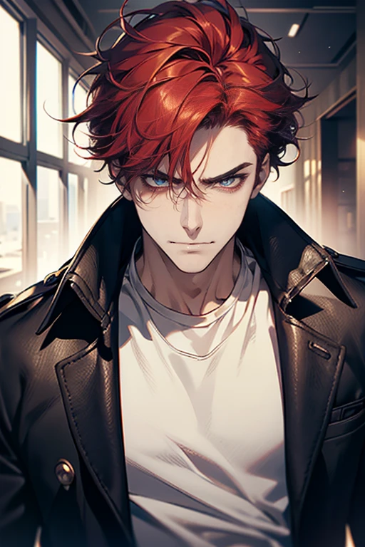 (tmasterpiece, high resolution, ultra - detailed:1.0), (1 male, masculine face), Perfect male body, Adult male, Delicate eyes and delicate face, Extremely detailed CG, Unity 8k wallpaper, Complicated details, Detailed face, (red hair, messy hair, serious faces, white T-shirt,Bad students), (frown,evil smile:1.3), hand in pocket, school corridor,black leather jacket, color difference, Depth of field, dramatic shadow, Ray tracing, Best quality, Cinematic lighting, offcial art,Portrait