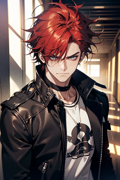 (tmasterpiece, high resolution, ultra - detailed:1.0), (1 male, masculine face), Perfect male body, Adult male, Delicate eyes and delicate face, Extremely detailed CG, Unity 8k wallpaper, Complicated details, Detailed face, (red hair, messy hair, serious faces, white T-shirt,Bad students), (frown,evil smile:1.3), hand in pocket, school corridor,black leather jacket, color difference, Depth of field, dramatic shadow, Ray tracing, Best quality, Cinematic lighting, offcial art,Portrait
