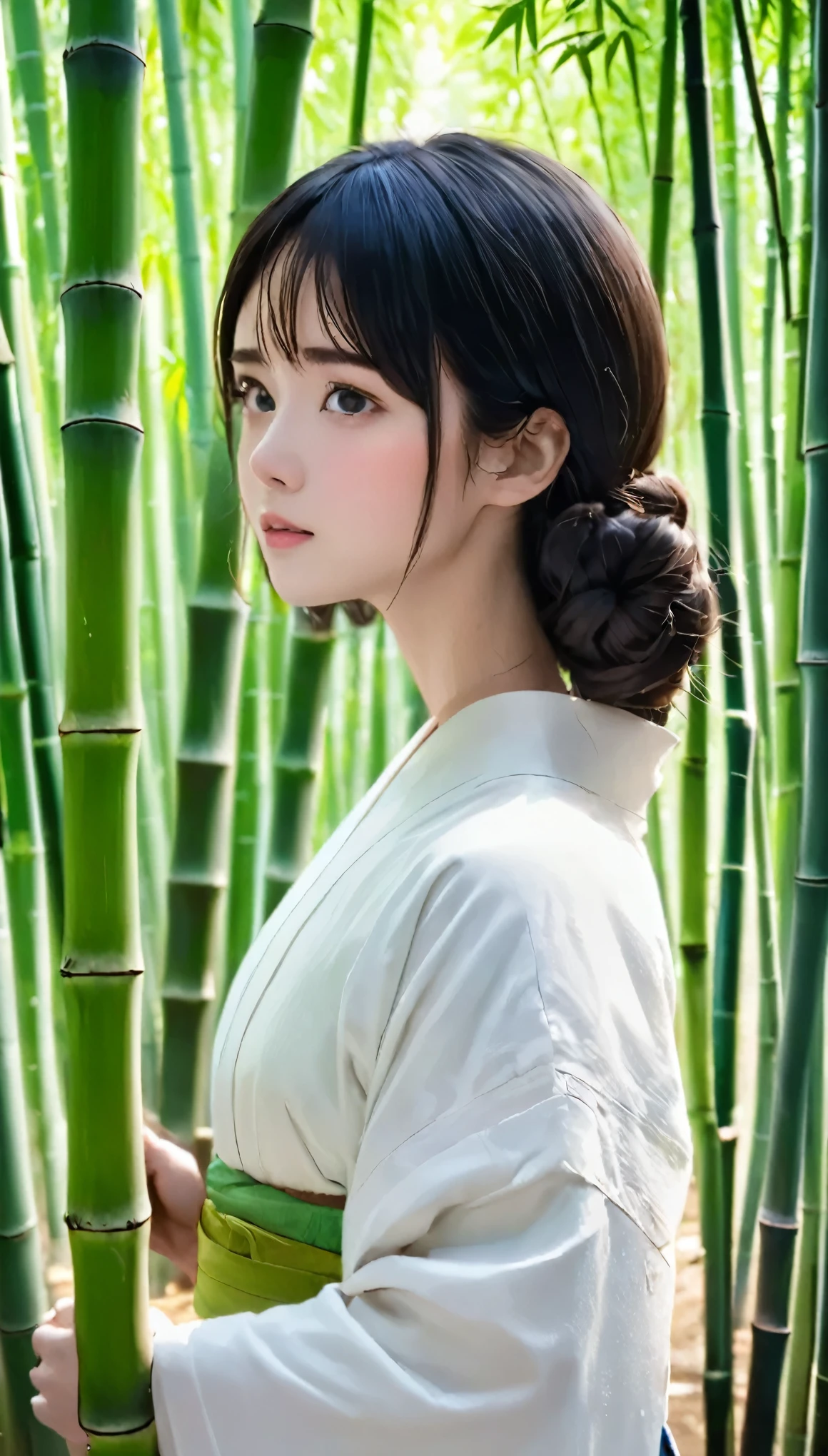 RAW Photos、Realistic、Actual photo、Knee to upper body、beautifulButt、魅力的なButt、Back view、Butt、((highest quality,4K,8k,High resolution,masterpiece:1.2,Super detailed,Realistic,photoRealistic,photo-Realistic:1.37)),(1 female),bamboo forestに佇む女性,One Girl,White kimono,beautiful kimono,beautifulButt,Cute Face,beautiful, Silky black hair,Grey Eyes,Malaise,静けさの佇むbamboo forest,Full of greenery,Old landscape of Japan,bamboo forest,