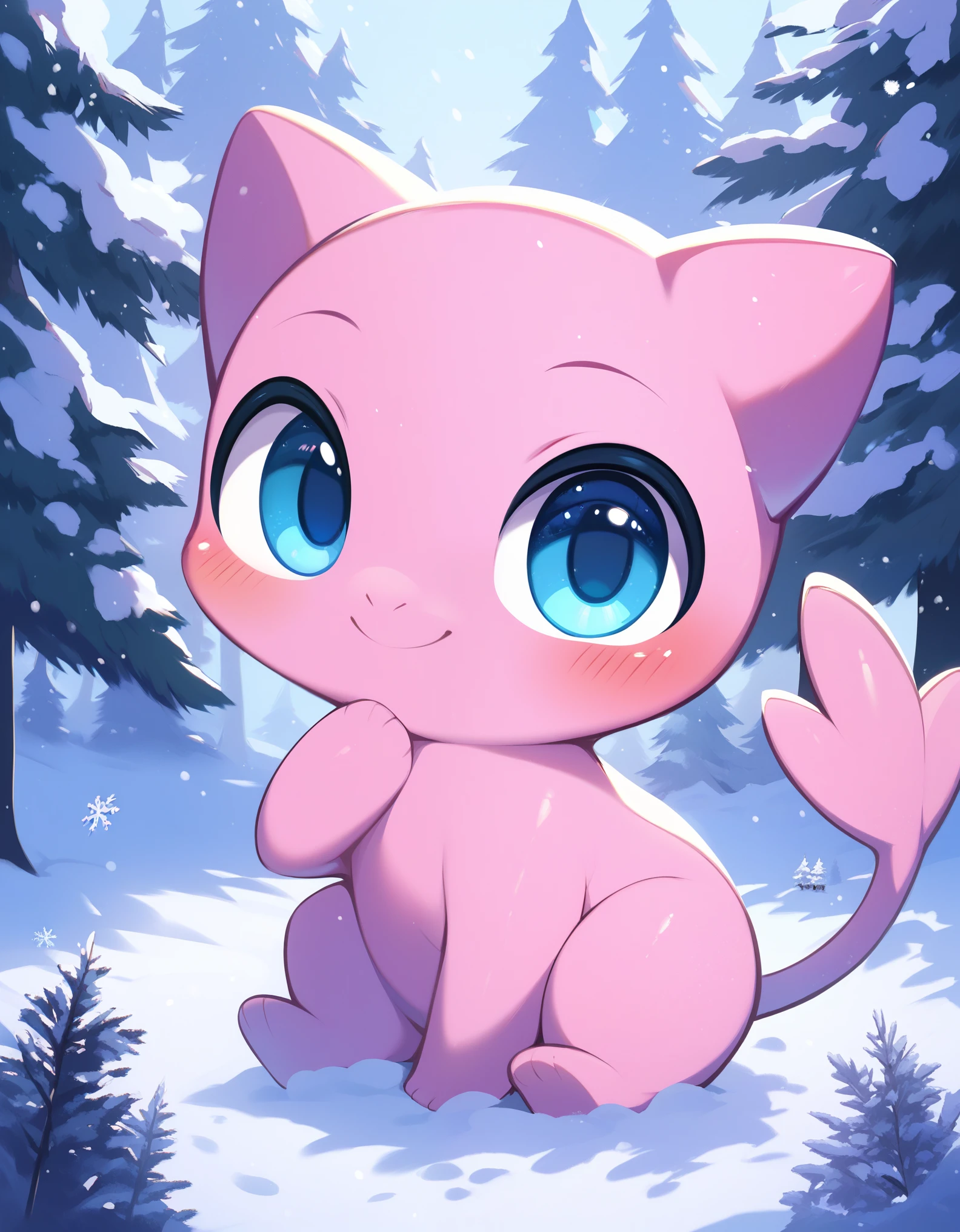 score_9, score_8_up, score_7_up, mew pokemon, cute, smile, forest,, best quality, hi res, masterpiece, absurd res, highly detailed, impasto, digital media \(artwork\), (simple background), winter, snow, forest BREAK, solo, chibi, nude, full body, blue eyes, pink fur, pokemon \(species\), glistening body, looking at viewer, blush,