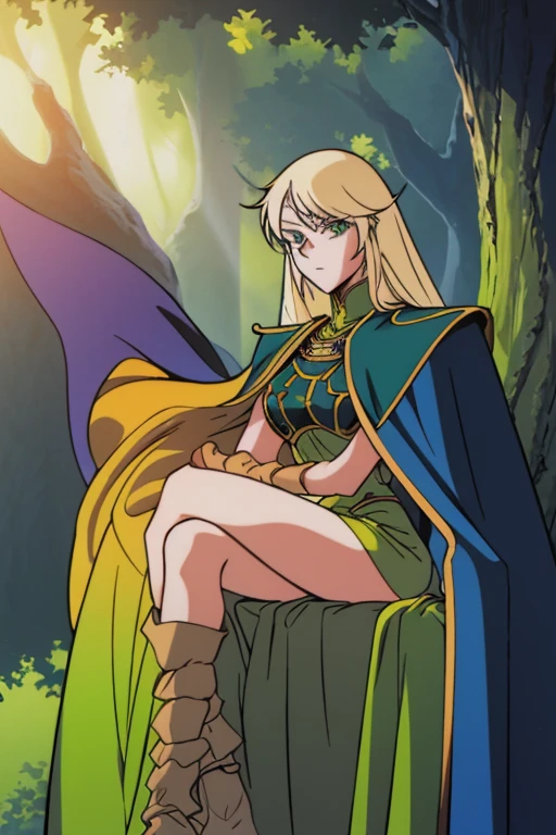 1girl,solo,green eyes,eyelashes,tall,long blonde hair,shiny hair,shiny pupils,shiny skin,detailed lighting,sunset,forest,nature,woods,looking at viewer,expressive eyes,she holds a sword,sitting,crossed legs,brown boots,cape,((lineart)),