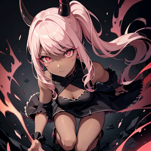 Black Dress、Black Horn、Side ponytail、Red eye contact lenses、Breast size D、I can see the chest、(One Girl)Dark Skin , Dynamic Angle , Official Art , Are standing , Bottom View