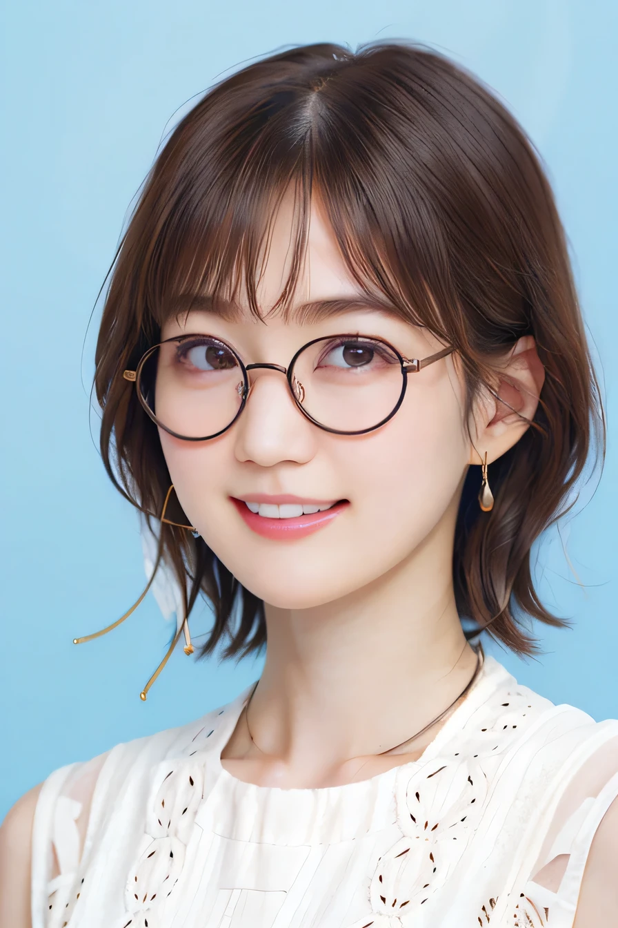 205 ((short hair)), 20-year-old female, Surrealism, Dark brown hair、Misaligned glasses、A refreshing smile、Open your mouth、Beautiful teeth alignment、、ear piercing、Necklace around the neck、