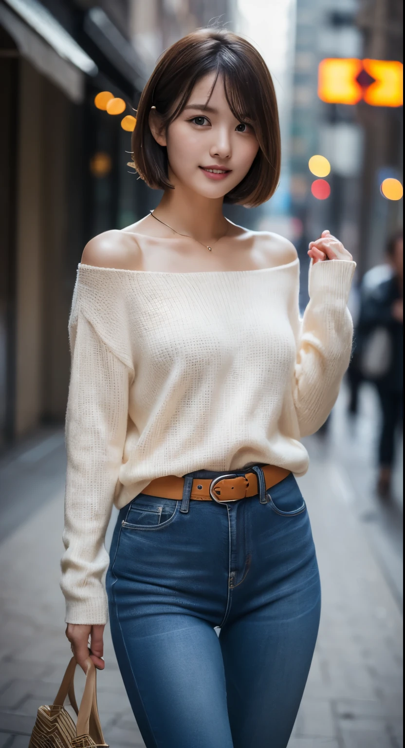 1 very beautiful woman, 25-years old, Solo, Best Quality, Photorealistic, tmasterpiece, 8K High Resolution, hight resolution, extra detailed face, (Professional Lighting,Bokeh),(light particules,Lens Flare Glow,Luminescent particles:0.6),gentlesoftlighting,Trendy atmosphere,jpn,the street,Stylish short hair,Bobo head, brown haired, hair is delicate and soft,Fluttering, cparted lips, lipsticks, Seductive smile, ssmile, bocchi, tooth, Swan neck,Shave your shoulders, Bigchest,(Golden ratio figures),Wear a blue skinny sweater, (Wash Blue)(Skin Tight Jeans),(detailed costume:1.5), double eyelid,long eyelasher, birthmark, (Mole under the eyes: 1), calves are well-proportioned, slenderness:1.2,A pair of jade legs are white and shiny,without wearing shoes:1.5,( Coquettish sex,Coquettish and beautiful poses,Postures are diverse),Female-centered focus photography,The waist is the focus,close focus,full body photographed:1.8,fully body photo:1.8