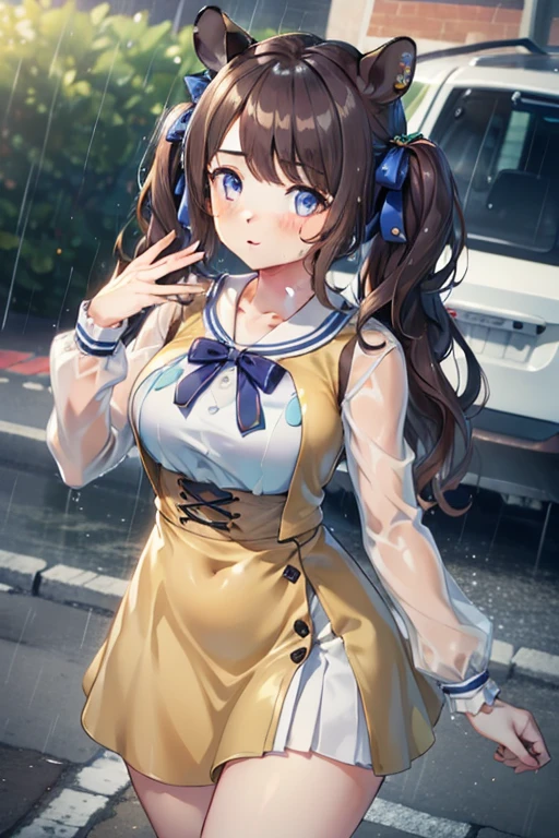 ((highest quality, 8k, masterpiece:1.3)), tosen jordan \(umamusume\) concentrated: 1.2, Perfect body beauty: 1.4, Hips: 1.2, (Wet clothes: 1.1), (rain, street:1.3), leopard pattern Silk bandeau dress: 1.1, 