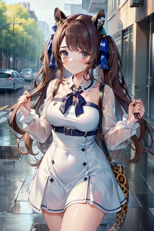 ((highest quality, 8k, masterpiece:1.3)), tosen jordan \(umamusume\) concentrated: 1.2, Perfect body beauty: 1.4, Hips: 1.2, (Wet clothes: 1.1), (rain, street:1.3), leopard pattern Silk bandeau dress: 1.1, 