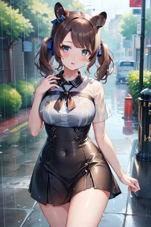 ((highest quality, 8k, masterpiece:1.3)), tosen jordan \(umamusume\) concentrated: 1.2, Perfect body beauty: 1.4, Hips: 1.2, (Wet clothes: 1.1), (rain, street:1.3), leopard pattern Silk bandeau dress: 1.1, 