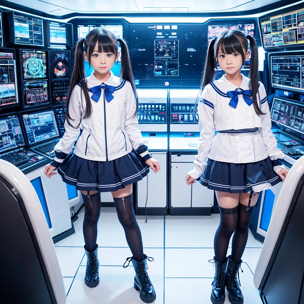 16-year-old girl、Twin tails、ribbon、Symmetrical eyes、Blue Eyes、Smooth Skin、Future、Inside the spaceship、Control panel、Wall with monitors、illumination、Futureなドレス、Mini Dresini skirt、Wearing pantyhose、Short cut boots