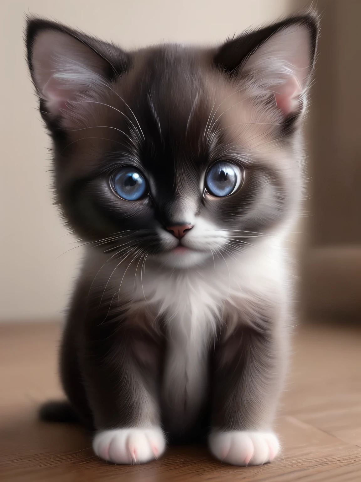 (highest quality,4K,8k,High resolution,masterpiece:1.2),Super detailed,(Realistic,Realistic,Photorealistic:1.37),indoor,Cute black and white siamese kitten,(Mostly white、Only the bridge of the nose is black)、Art Gallery、(Very small kitten)、Random Pause