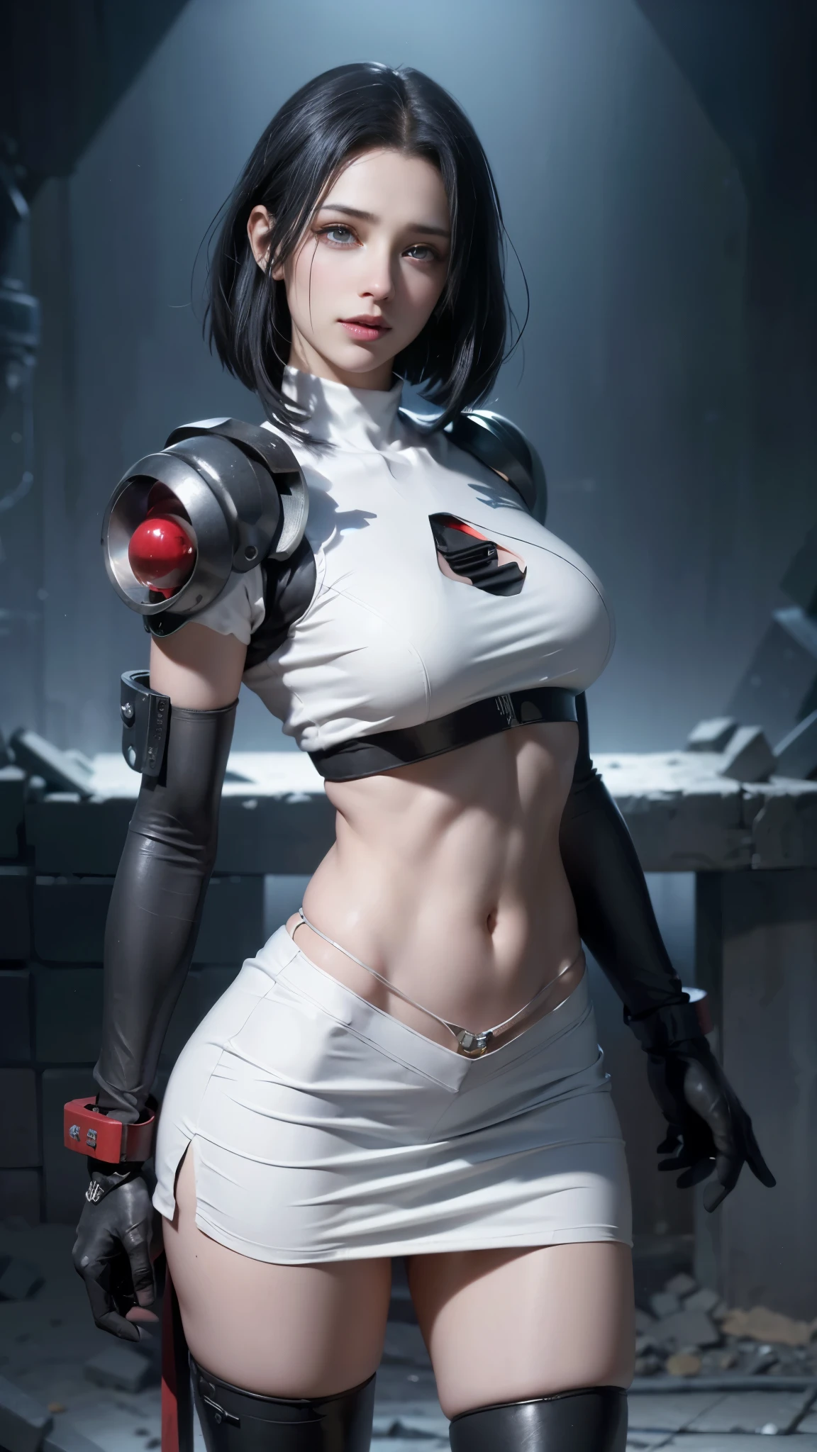 (La mejor calidad,A high resolution,Ultra - detallado,actual),team rocket,(team rocket uniform:1.4) , red letter R, (white skirt:1.4) ,(white crop top:1.4) ,black thigh-highs, (black elbow gloves:1.4) ,,(Fondo de ruinas de mazmorra en ruinas cyberpunk :1.4 ), (Team Rocket Uniform:1.4), (Team Rocket Uniform V2.1), More detailed 8K.motor irreal:1.4,UHD,La mejor calidad:1.4, fotorrealista:1.4, textura de la piel:1.4, obra maestra:1.8,obra-prima, mejor calidad,objeto Objeto], (detailed face features:1.3),(Las proporciones correctas),(Ojos hermosos azules),  (dynamic cowboy pose), (perfect anatomy :1.4), (colores brillantes) 