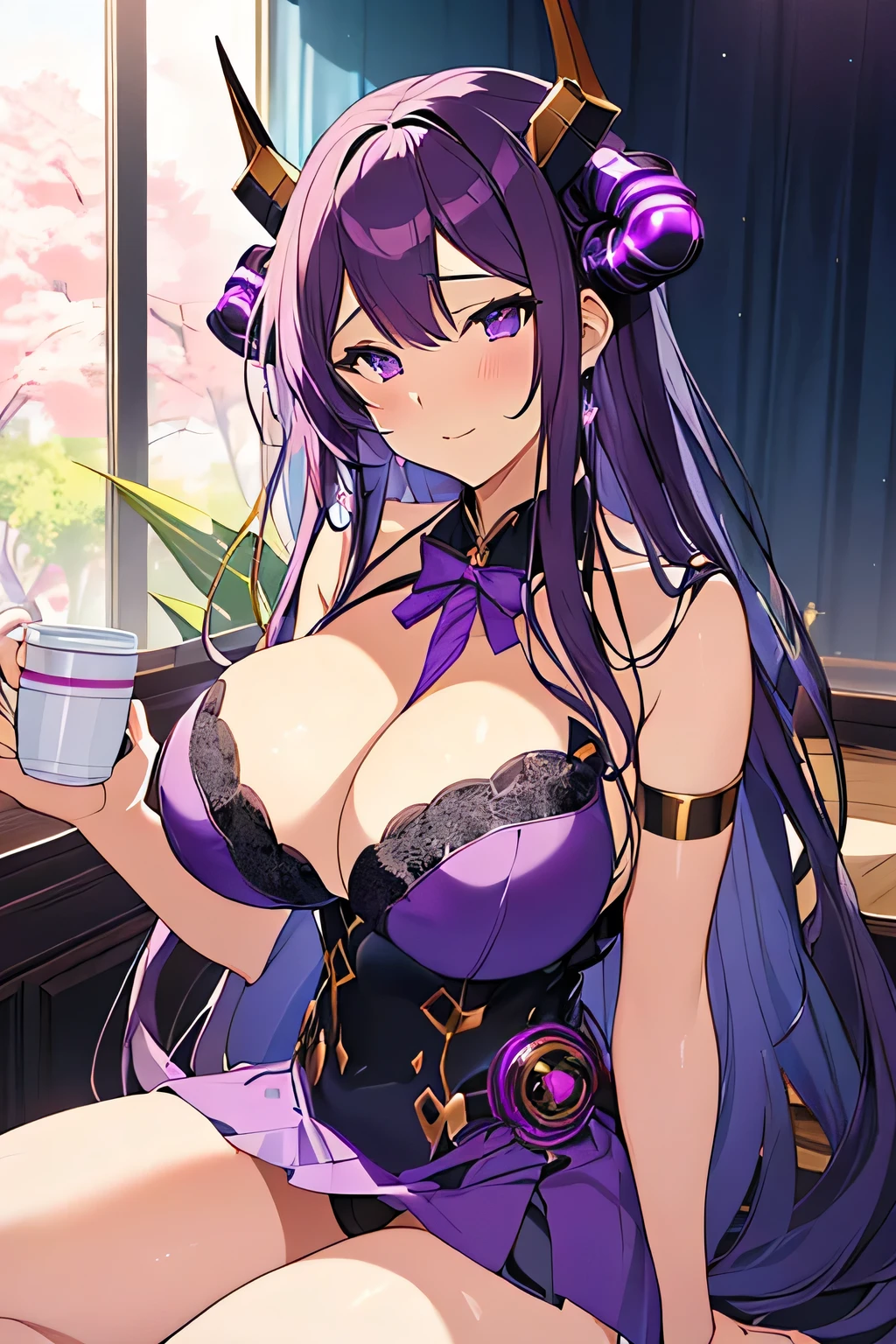 Anime girl in purple  holding horns and coffee, Enchanting anime girl, [ 4k digital art ]!!, , Beautiful and attractive anime woman, !, Smooth anime CG art, sfw , Highly detailed art gems, Anime Moe Art Style, !!, sfw version, marin kitagawa fanart, biomechanical 