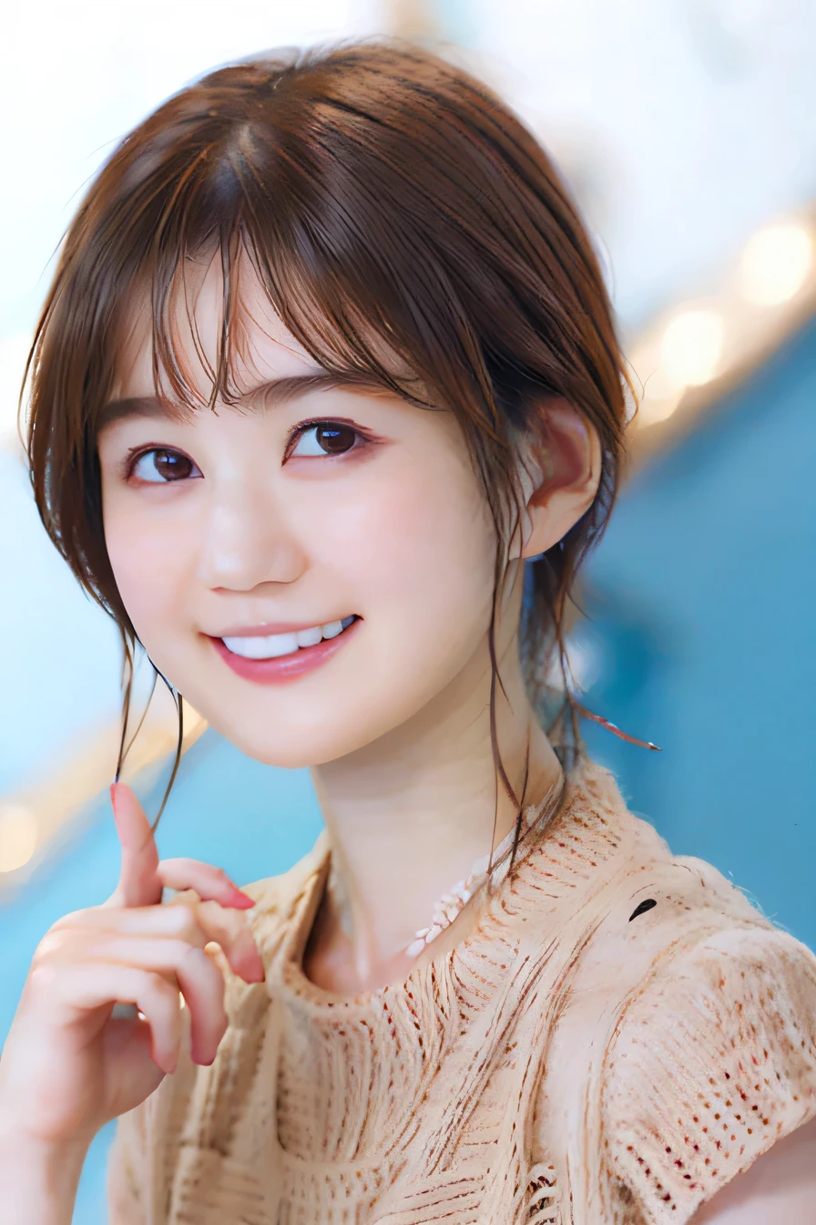 205 ((short hair)), 20-year-old female,Dark brown hair、 Surrealism, A refreshing smile、Open your mouth、Beautiful teeth alignment、、ear piercing、Necklace around the neck、